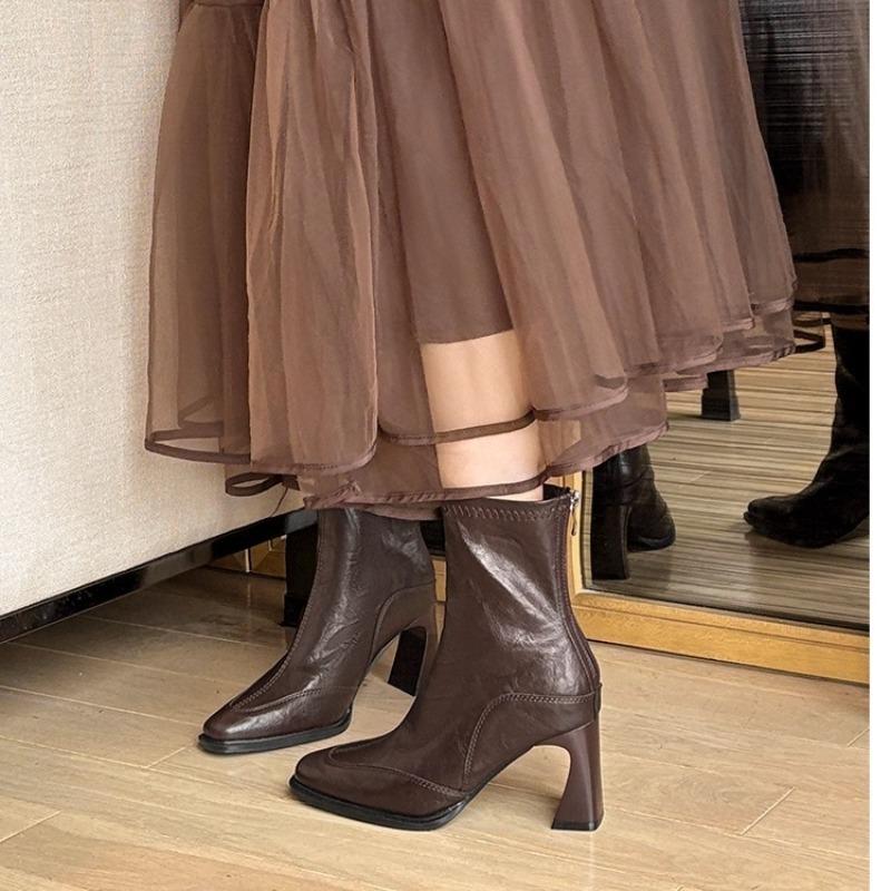 High-heeled Short-thigh Boots Autumn New Square Toe Back Zipper Anti-slip Wear-resistant Block Heel Boots