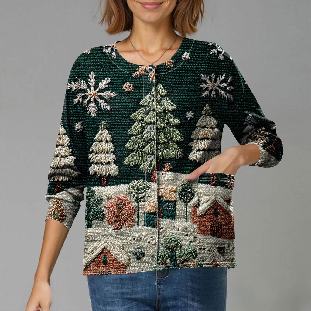 Women's Casual Long-Sleeved Single-Breasted Christmas-Themed Print  Cardigan
