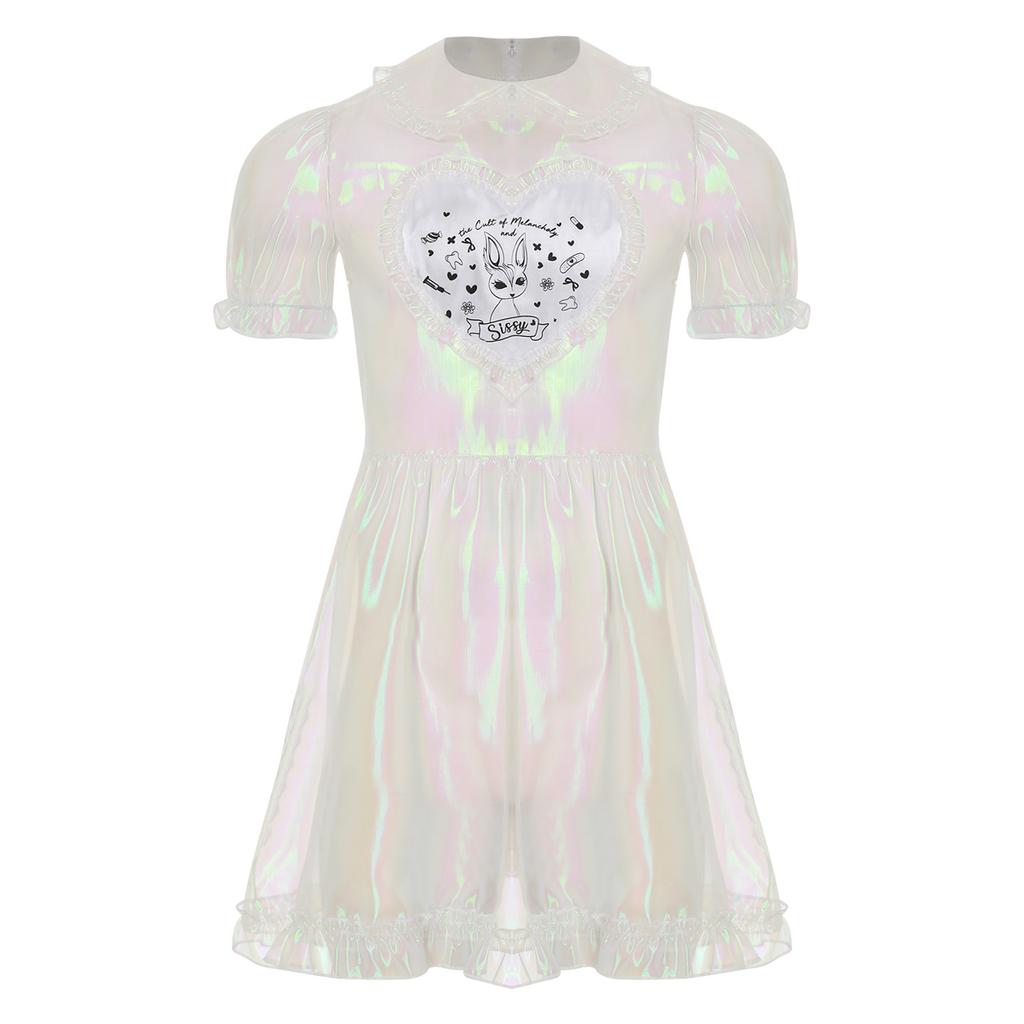 Мужское прозрачное сетчатое платье горничной, милый воротник, рукава-буфы, расклешенное А-силуэта, костюм для кроссдрессинга, клубная ночная одежда