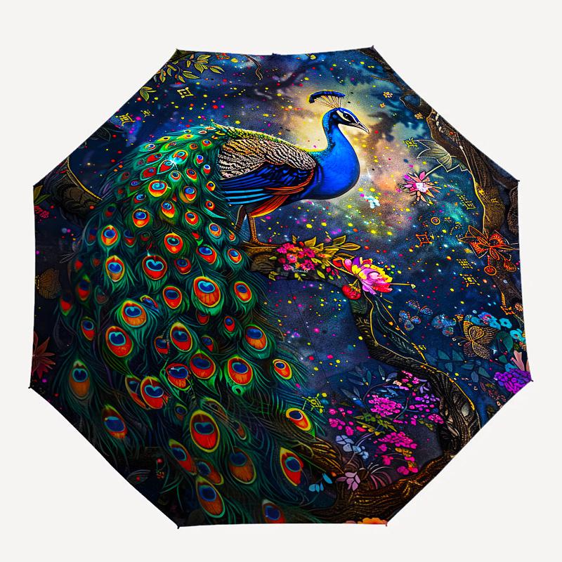 Peacock Fantasy Theme 8 Bone Hand Automatic Folding Umbrella, Compact and Portable Design, A Perfect Gift for Birthday, Christmas or Busines