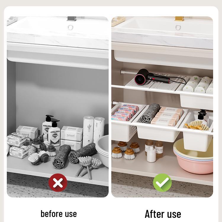 Выдвижная полка для хранения в ванной под раковину с многоуровневыми полками и перегородкой без сверления