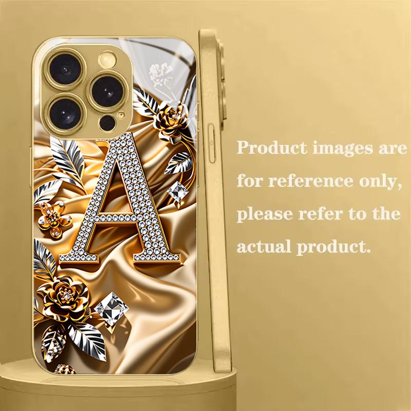 Золотой Цветок Буква A Закаленное Стекло Чехол Для Телефона Для iPhone 17 Pro Max 16 15 14 Plus 11 12 13 Pro Max 16E 17Air Защитная Крышка