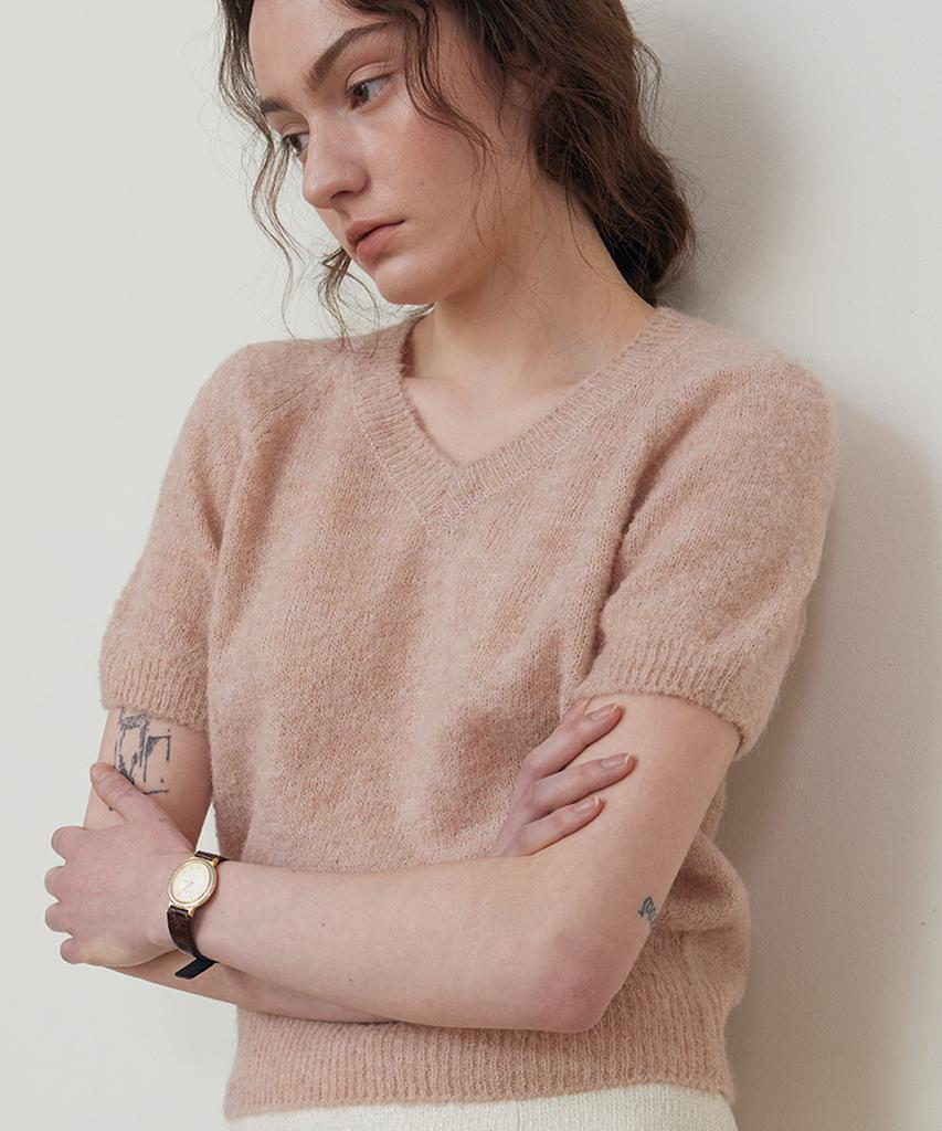 STEP AROUND Alpaca V-Neck Half Knit_Pink