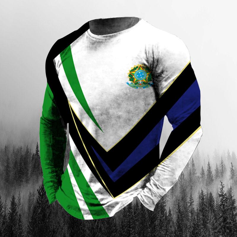 Винтажная осенняя мужская футболка с 3D принтом бразильского флага и круглым вырезом, повседневная футболка большого размера с длинными рукавами, модный пуловер, мужская одежда