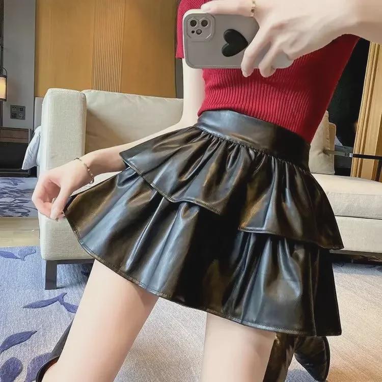 Юбка А-силуэта из искусственной кожи с высокой талией, осень/зима 2024 г. - тонкая, пышная, не пропускающая влагу, дизайн Hot Girl Cake