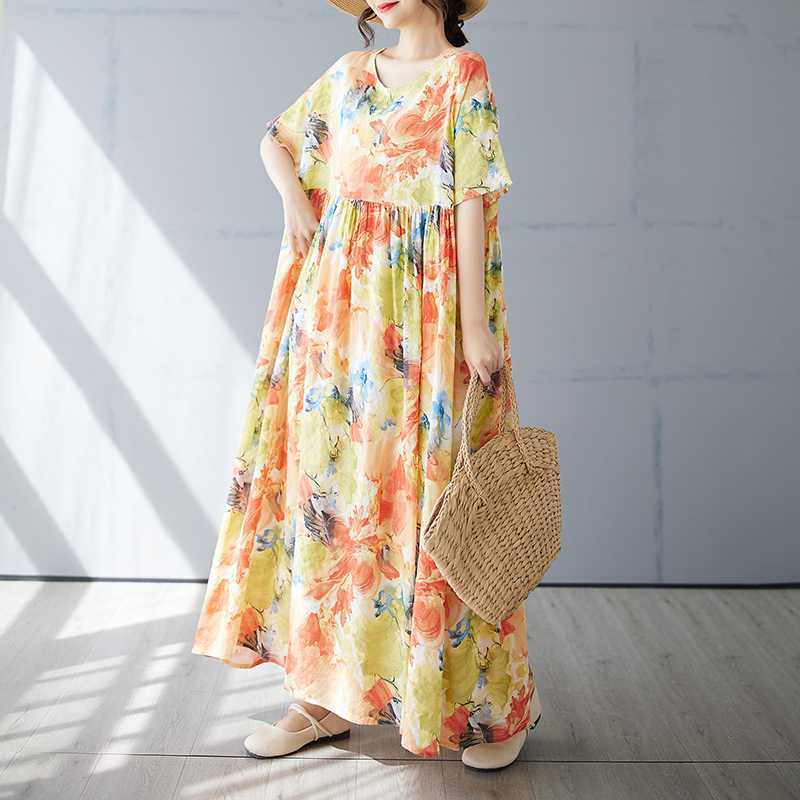 Женская простая и модная длинная юбка летнее платье с короткими рукавами и круглым вырезом с принтом