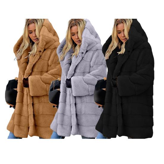 Женская зимняя куртка больших размеров из искусственного меха с капюшоном, свободная верхняя одежда средней длины, многослойное тепловое плюшевое пальто для повседневной работы на открытом воздухе