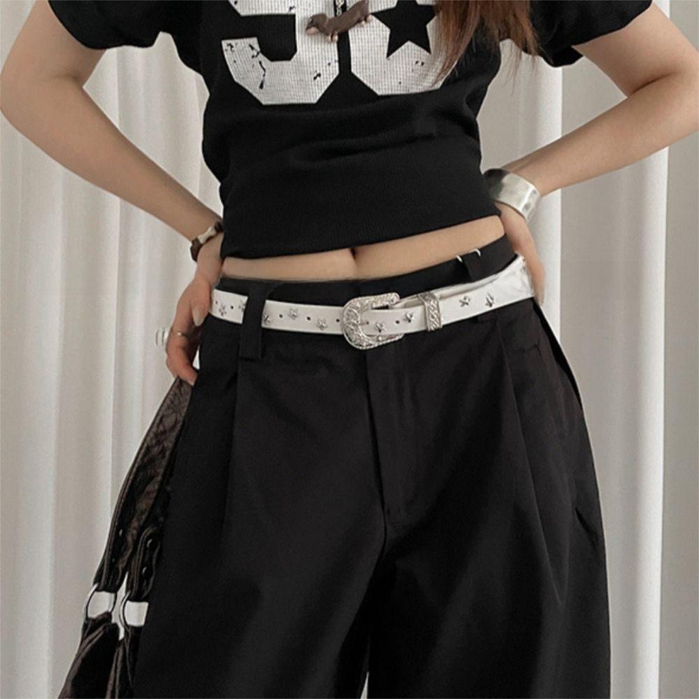 Fashion Pu Leather Punk Style Belt Vintage Carving Y2K Jeans Belt Metal Buckle Streetwear Women's Waist Belt Jeans Decoration
