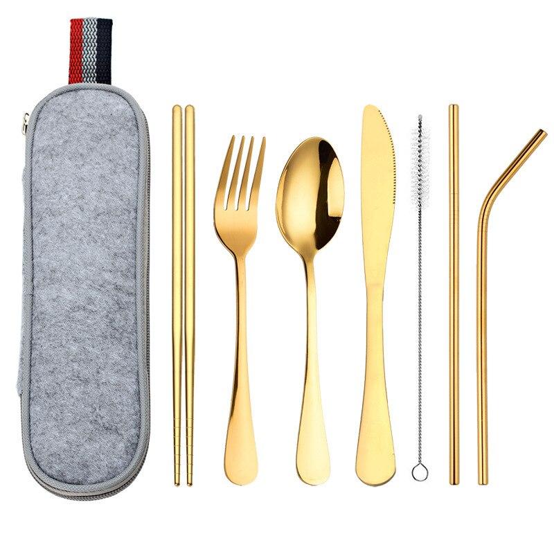 Travel Dinnerware Set Portable Cutlery Camping Dinner Sets Stainless Steel Tableware Rainbow With Straw Kit Brush Chopstick Bag