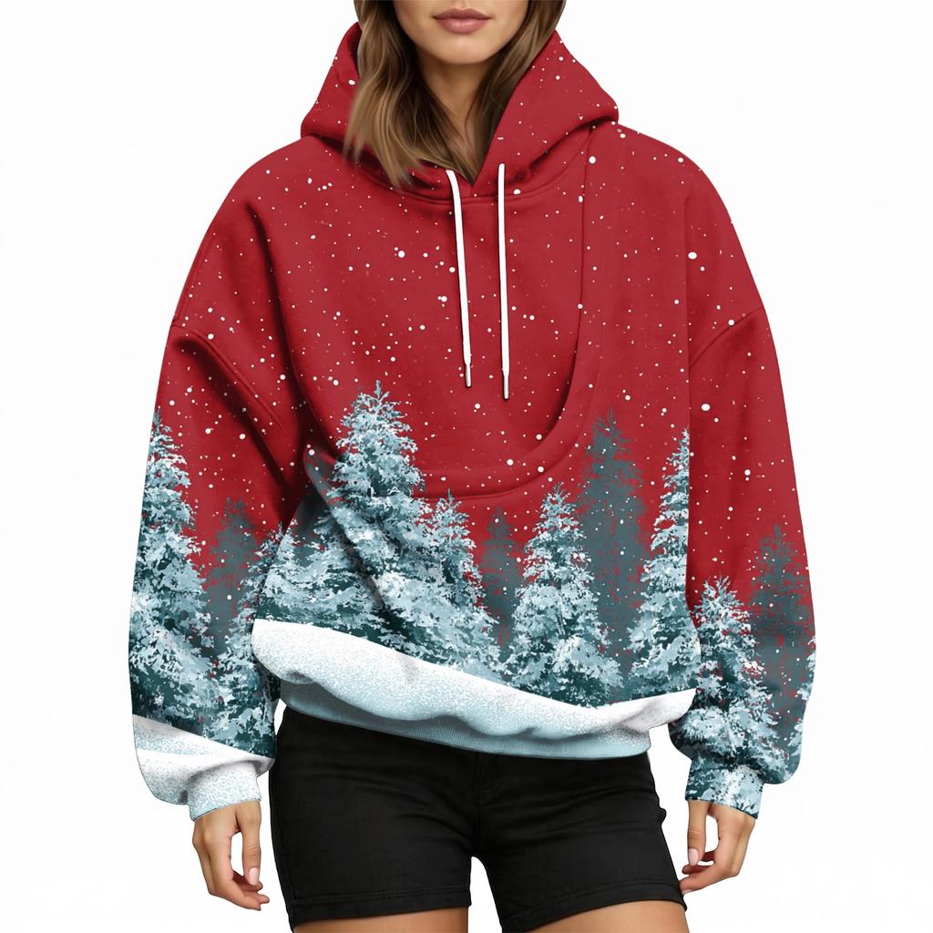 Women's Stylish Christmas Print Hoodie with Pet Pocket, Casual Holiday Pullover for Winter Wear