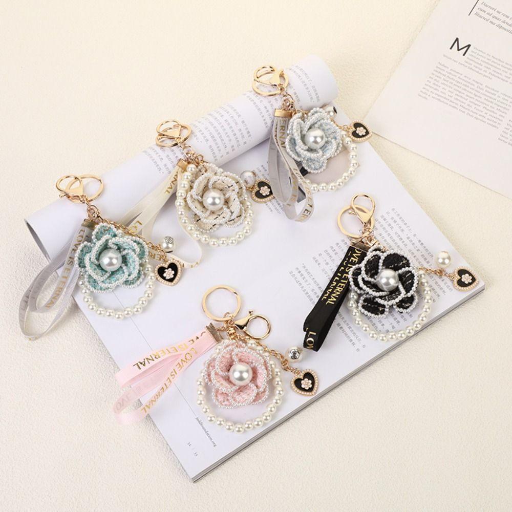 Korean Camellia Flower Keychain Letter Bag Hanging Pendant Fashion Car Key Ring  Girl