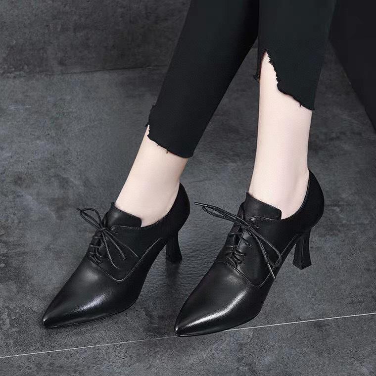 Pointed High Heels Women's Autumn Black First-layer Cowhide Lace-up Stiletto Fashion Shoes Two Kinds of High-depth Single Shoes