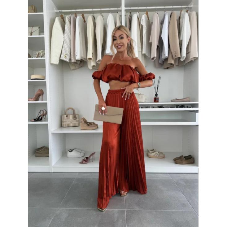 Элегантный однотонный комплект из жилета с длинным рукавом и плиссированных брюк для лета, новинка для женщин, модный и стильный наряд