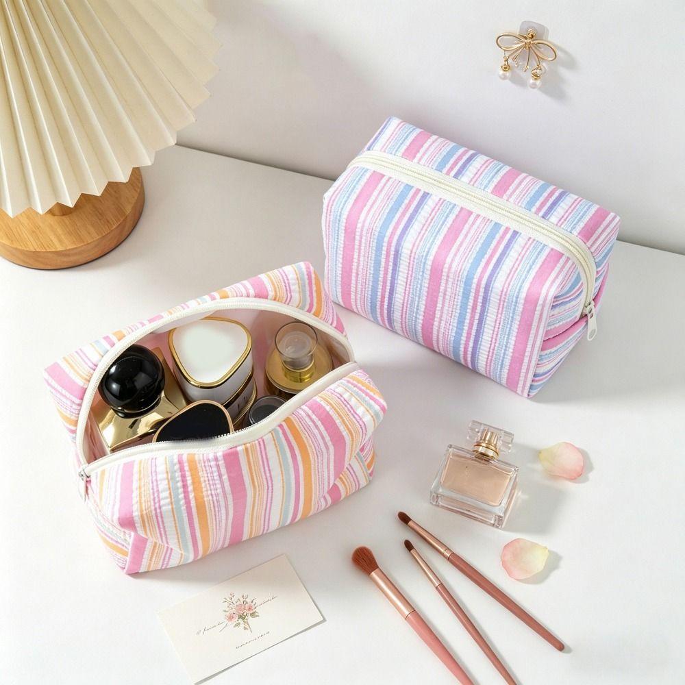 Striped Design Cosmetic Bag Lightweight Travel Skincare Bag Striped Makeup Pouch Girls