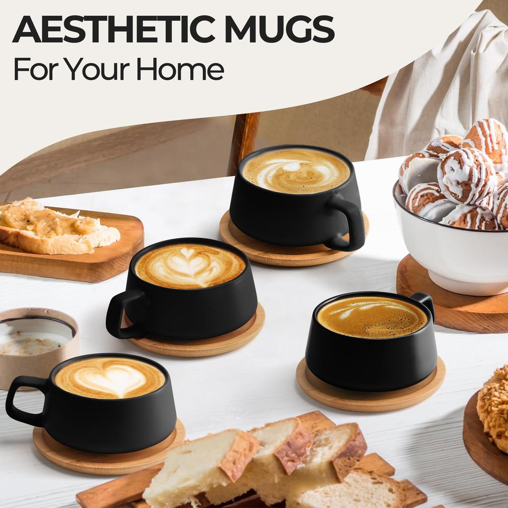MIAMIO Coffee Cup Saucer Set x Elegant and Modern Stoneware Coffee Set of Luxe Collection - & (320ml 4) - Mugs, 4, (Black)