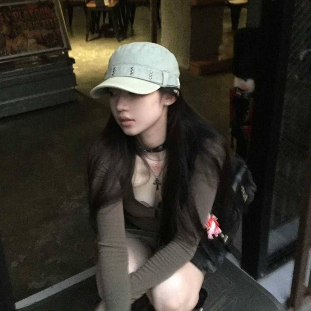 Washed Denim Flat Top Hat Rivet Cadet Cap Casual Peaked Cap Streetwear