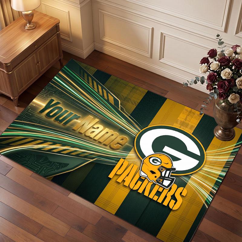 Green Bay Packers Personalized Crystal Velvet Carpet, Customized Name Text Soft Anti‑Slip Rug for Living Room Bedroom
