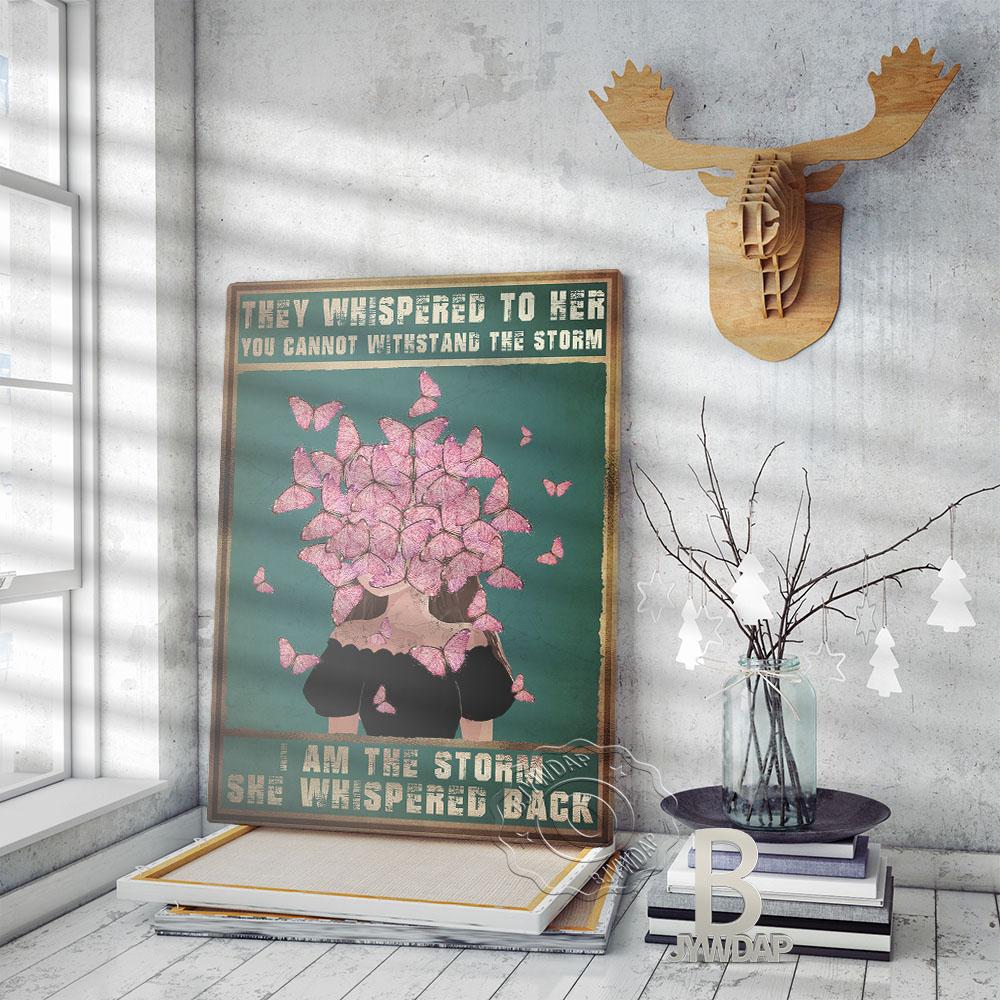They Whisperes To Her You Cannot Withstang The Storm Retro Art Canvas Painting Nordic Style Fashion Girl Flower Butterfly Home Art Decor No Frame