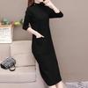 Autumn Winter Mid-length Knitted Dress Women's Solid Color Pullover Dress Thickened Half High Collar Bottoming Knitted Pockets Dress