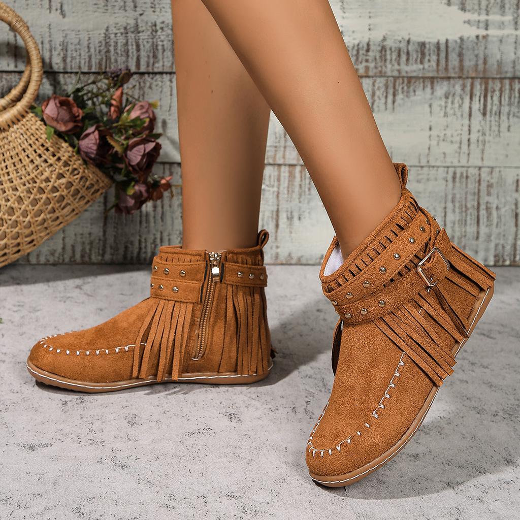 Осенние ботильоны на плоской подошве, женские замшевые ботинки с кисточками в стиле ретро, модные короткие ботинки с круглым носком и мягкой подошвой, повседневная женская обувь