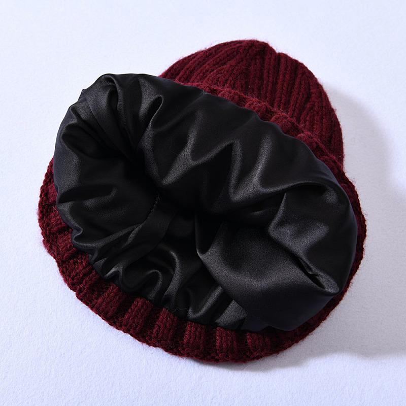 Versatile series adult rabbit velvet knitted hat solid color lined outdoor satin lining wool hat source