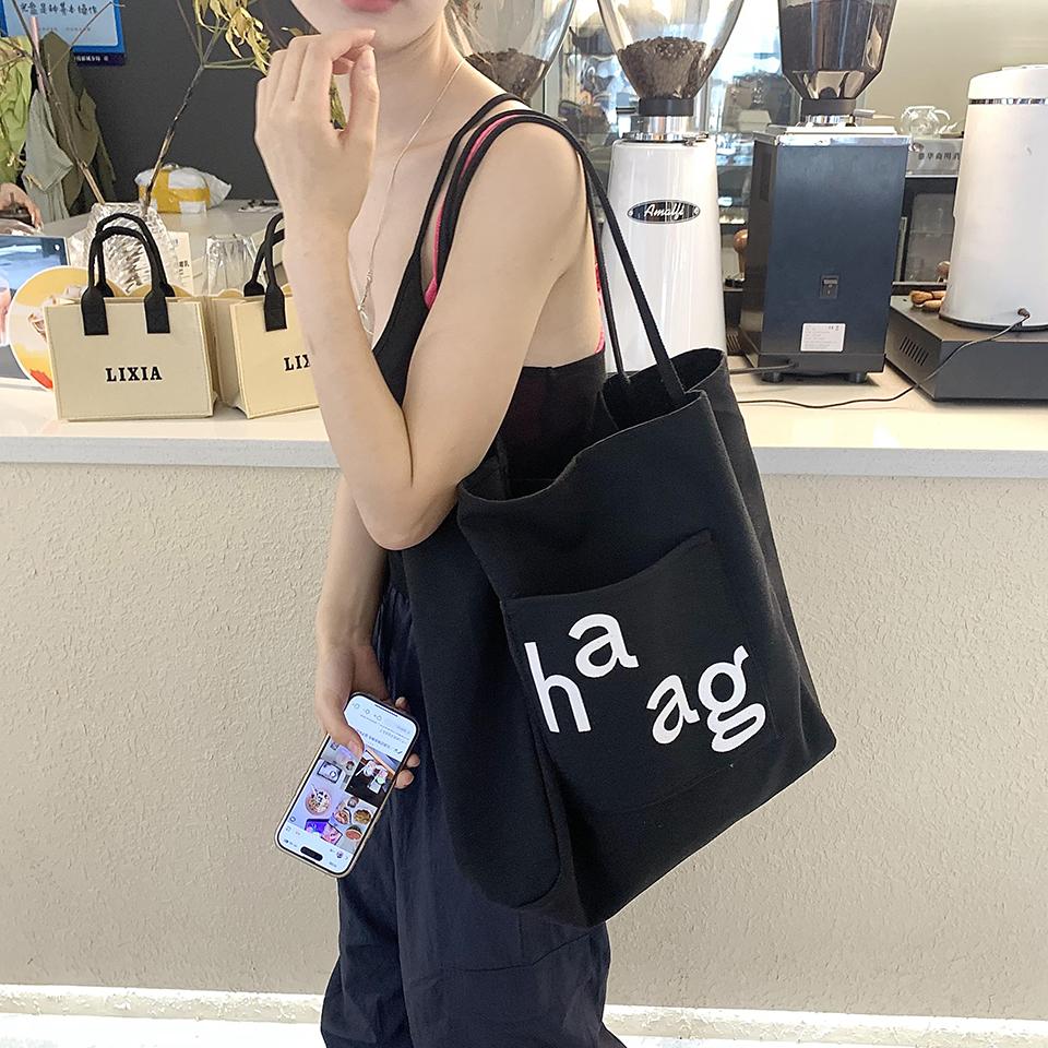 Большая вместительная однотонная холщовая сумка для женщин, мягкие сумки на ремне с застежкой-молнией, сумки для девочек, сумка для покупок с надписью, модная