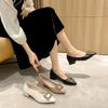 Leather French Thick Heel Low Heel Single Shoes Femininity Pointed Rhinestone Square Buckle Occupation Commuter Work Large Size Women's Shoes
