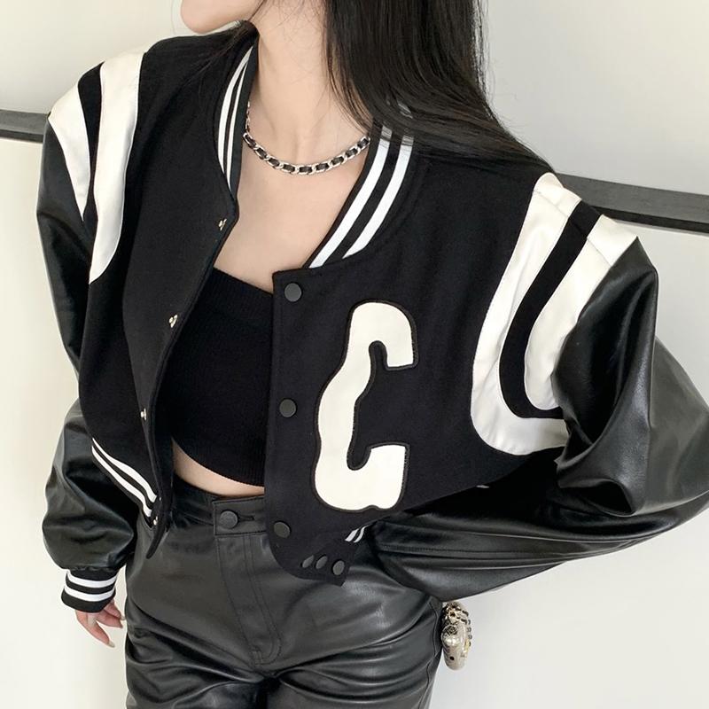 Jackets Women's Bomber Black Coats Leather Baseball Short Coat Y2k Jacket Woman Goth Clothing Streetwear