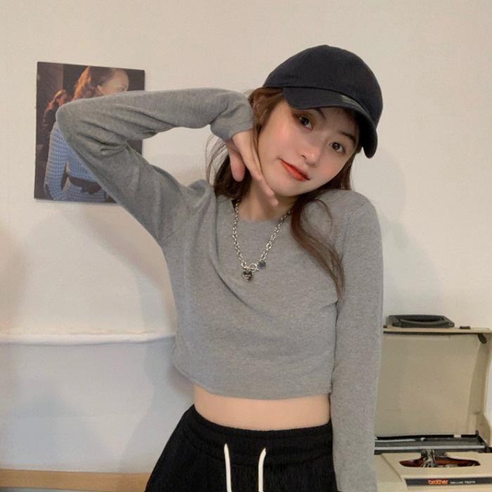 Женская белая футболка-кроп-топ с длинными рукавами в корейском стиле, облегающая, идеально подходит для весенних и осенних тенденций