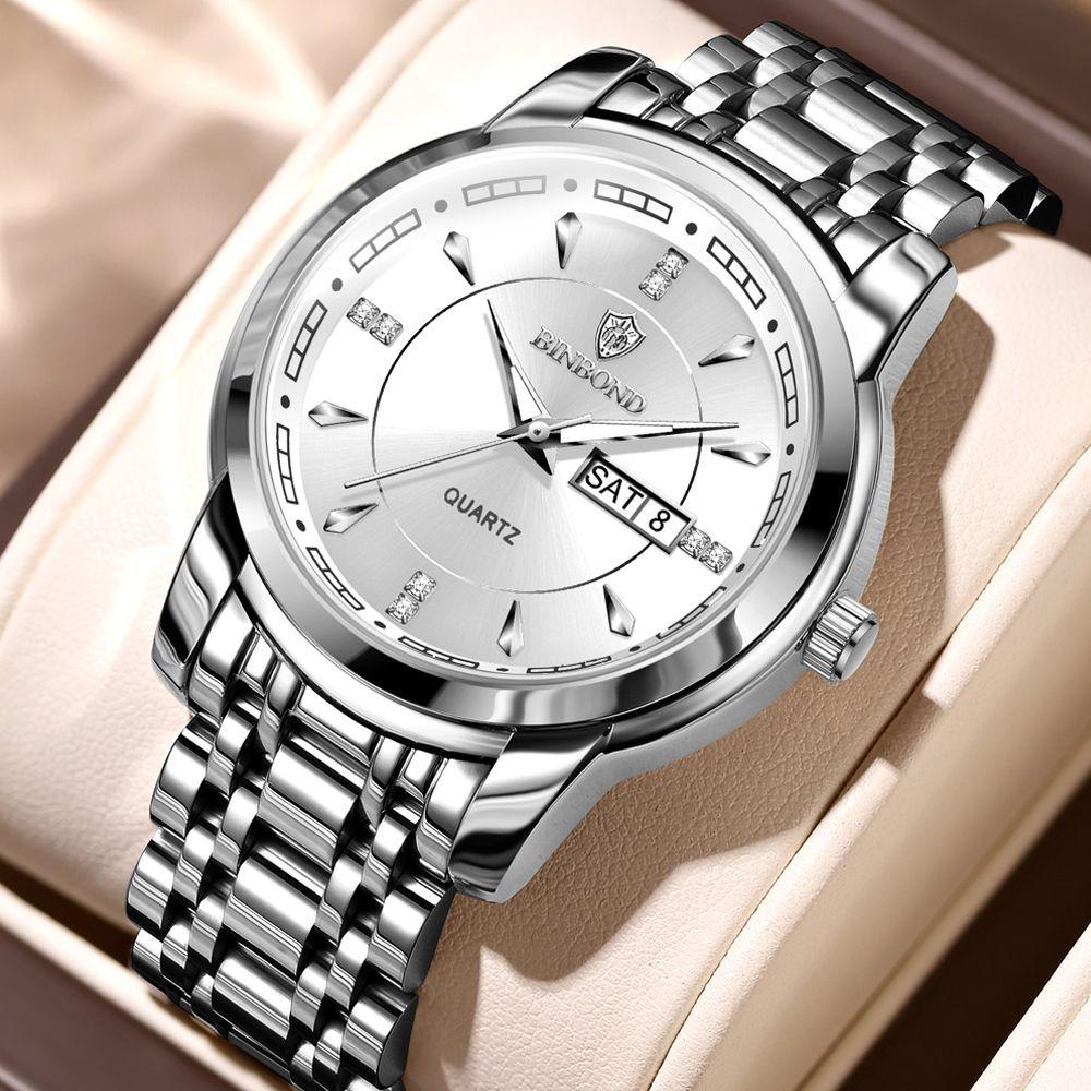 Мужские часы, модные золотые кварцевые часы для мужчин, нержавеющая сталь, водонепроницаемые, светящиеся наручные часы, дата, неделя