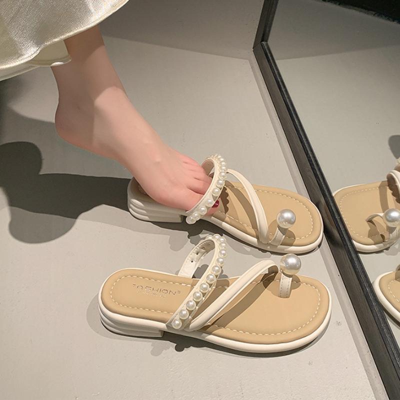 Trendy and Comfortable Slippers 2024 Summer New Pearl Decorative Toe Set with Low Heel, Simple and Elegant Women's Sandals
