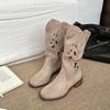 Модные ретро полые вышитые ковбойские сапоги в западном стиле женские 2025 лето новая универсальная верхняя одежда толстый каблук рыцарские сапоги