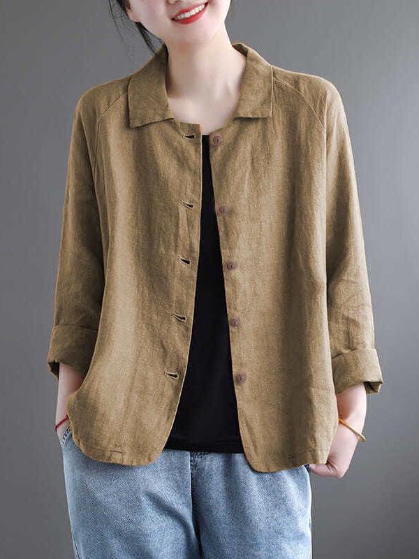 Женская хлопково-льняная куртка-рубашка - Весна/Осень, универсальная однотонная с защитой от солнца