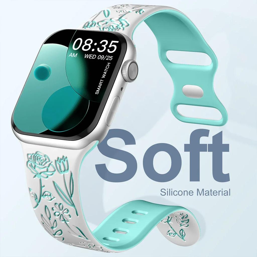 Ремешок с гравировкой и цветочным узором для Apple Watch Band Ultra 2 49/ 46/ 45/ 44/ 40/ 42 мм, браслет IWatch Series 10 9 8 7 6 SE 5 4