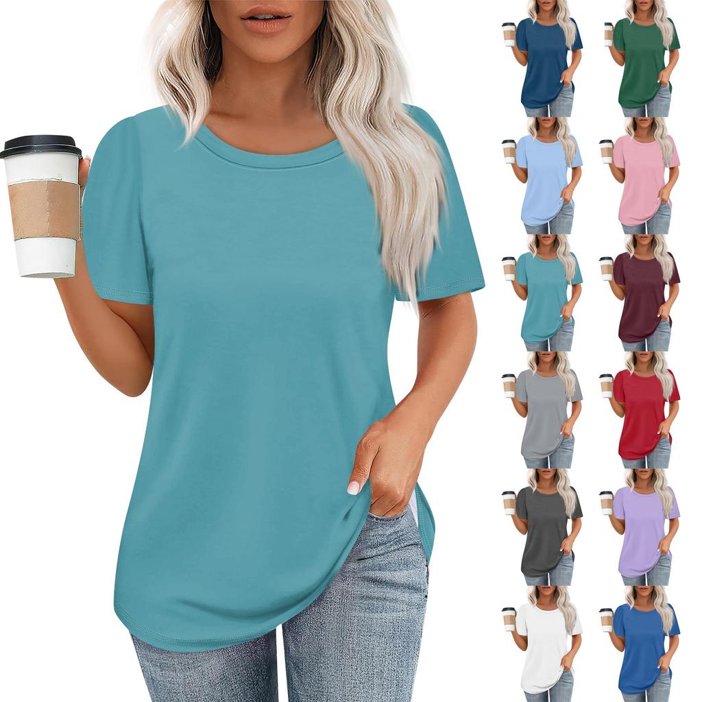 Women's Fashion Casual Solid Color Round Neck Short Sleeve T-shirt Tops