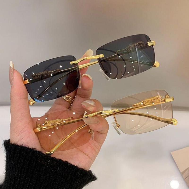 2Pcs Fashion Rimless Metal Square Sunglasses Women Leopard Decoration Sun Glasses Outdoor Colorful Lens Shades Female Uv400