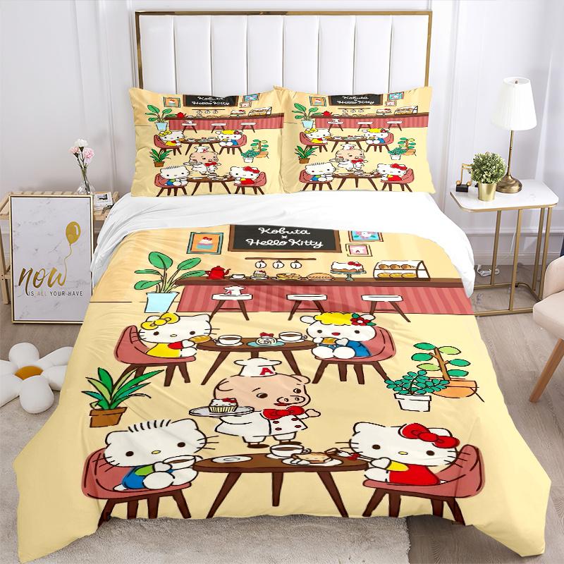 3 шт. Набор постельного белья Hello Kitty в кондитерской Включает пододеяльник и наволочки, Подходит для всех сезонов, Можно стирать в машине, Идеальный подарок W043
