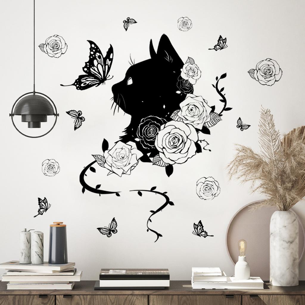Wall Decal Black Cat Flower Butterfly Wall Decal Background Wall Home Decoration Wall Decal