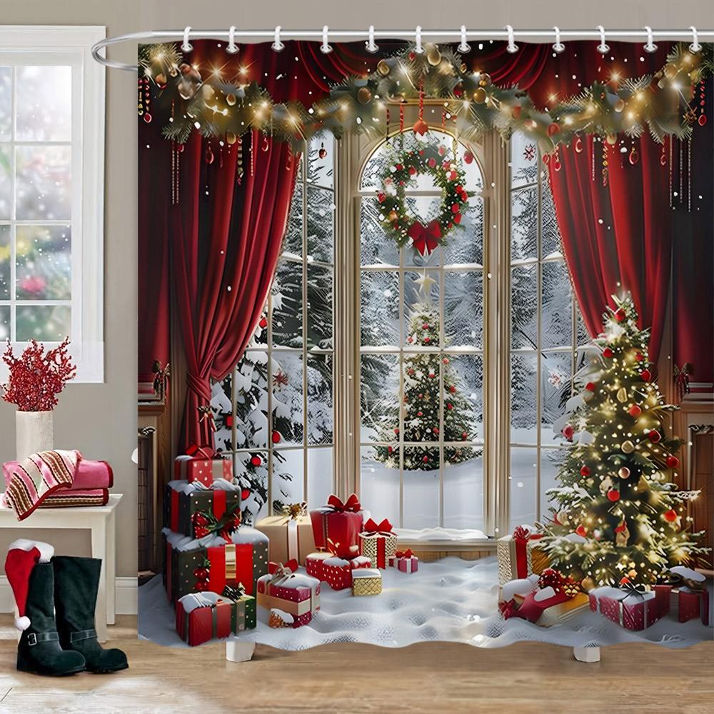 Рождественские украшения Душевая занавеска Зимняя снежная сцена Рождественская елка Рождественские подарки Полиэстер Душевая занавеска Декор для ванной комнаты