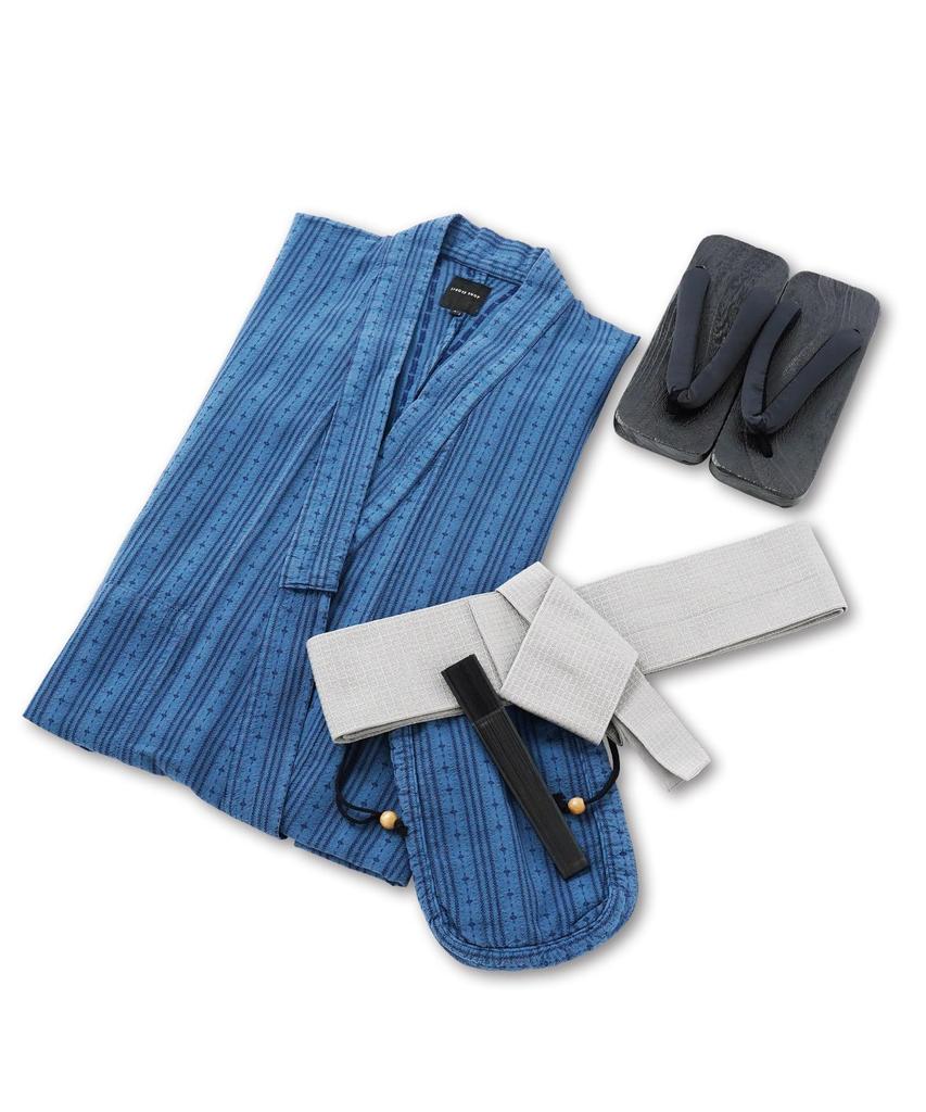 Юката комплект из 6 предметов Shingen Waist S Indigo Jade Stripe Easy to Yukata Лето Японский Японский [Rochelle] Мужской (Юката, Оби, Гета, Сумка, Веер, Ремень) М,