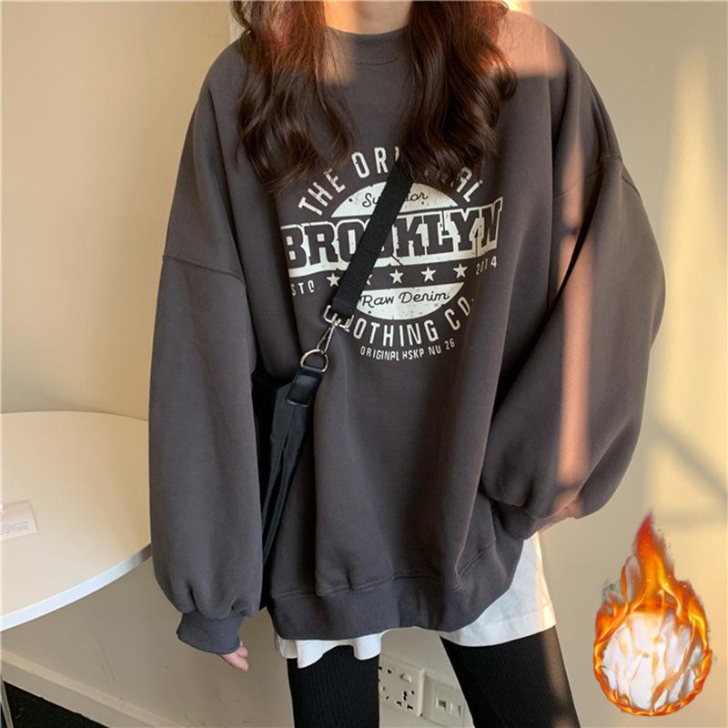 Утолщенный корейский свитшот для женщин с круглым вырезом, с буквами, удобной посадки, парный базовый топ для женщин, женская одежда