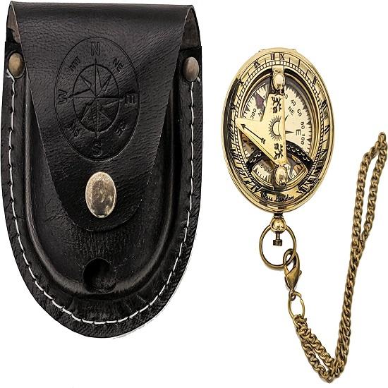 Компас с латунными солнечными часами в кожаном футляре и цепочке, компас Push Open