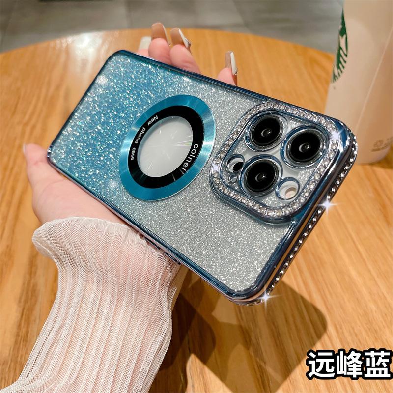 Подходит для iPhone15ProMAX, чехол для мобильного телефона, новый гальванизированный стразы, увеличительное стекло, постепенное изменение блеска, Apple 14, все включено
