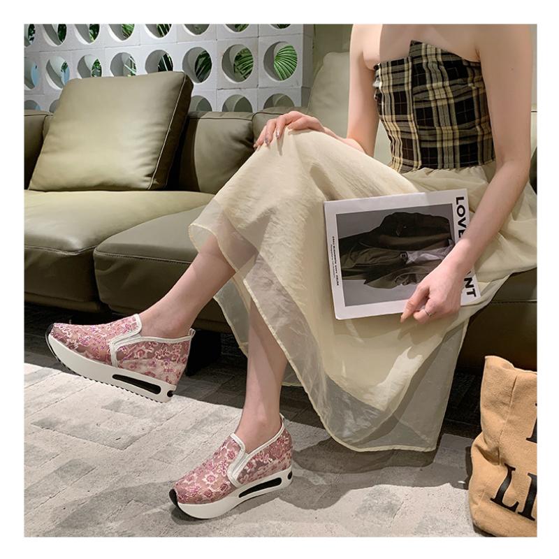 Женские одиночные туфли с приподнятой внутренней частью, весенне-летняя корейская версия, повседневная женская обувь с кружевной сеткой и пайетками, на толстой подошве