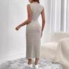 Летняя мода с круглым вырезом, однотонное трикотажное облегающее женское платье на бретельках, осеннее сексуальное серое платье макси с бедрами, вечерние платья
