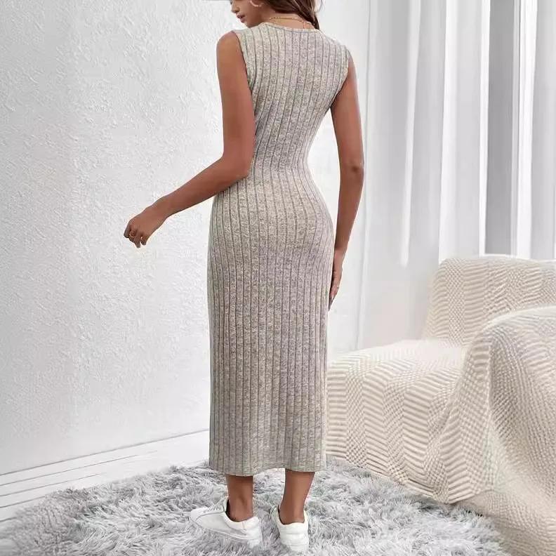 Летняя мода с круглым вырезом, однотонное трикотажное облегающее женское платье на бретельках, осеннее сексуальное серое платье макси с бедрами, вечерние платья