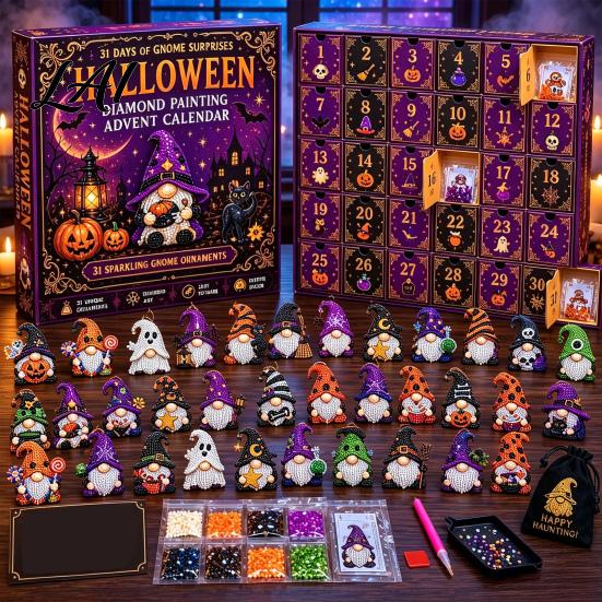 Festive Home Decor 31 Days Gnomes Halloween Rhinestone Painting Advent Calendar DIY Faux Diamond Art Educational Toy for Children Craft Kit,