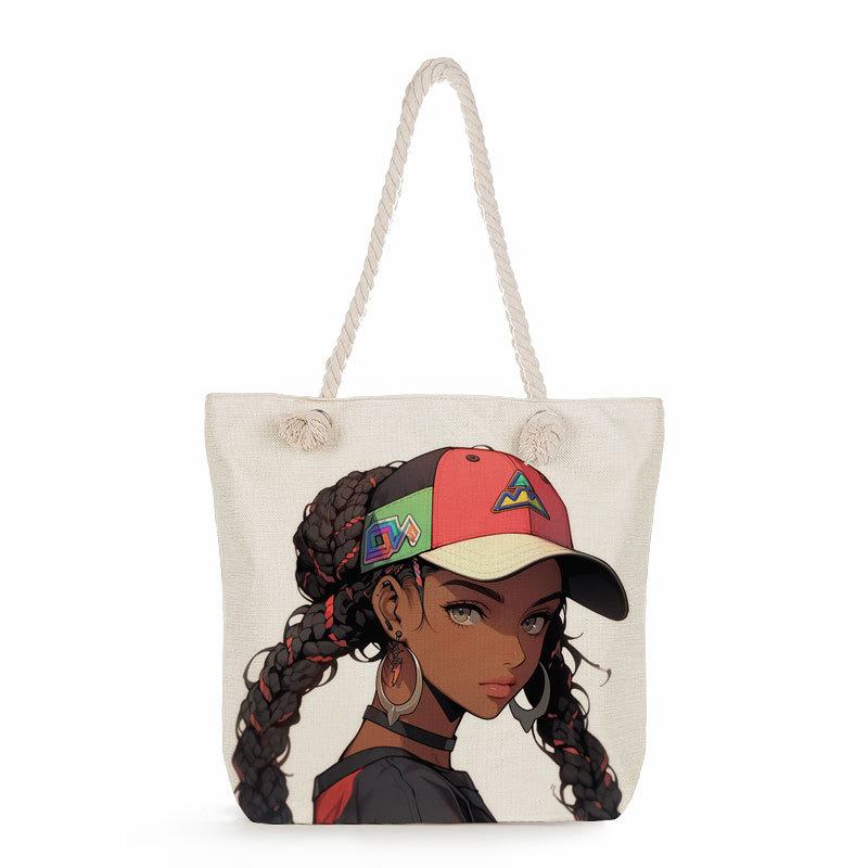 Multifunctional Black girl Printed Thick Rope Shoulder Beach Bag 7581 KTB