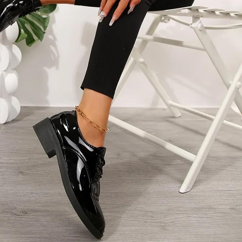 Мода 2024 года, горячая распродажа, женская обувь, женские туфли-лодочки на шнуровке, осенние туфли с круглым носком, массивные каблуки, большие размеры, повседневные, деловые, модные лоферы