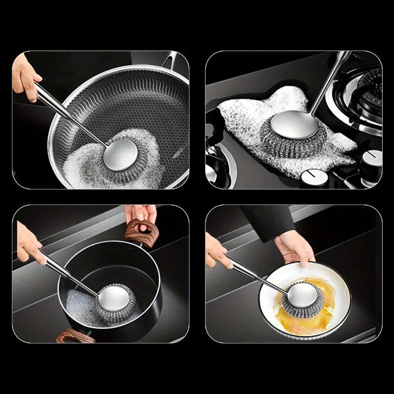 Scrubbers Brush Cleaning Brush Household Stove 1 PCS/2PCS Random Color Convenient Steel Wire Ball Long Handle/Short Handle Practical Stainless Steel